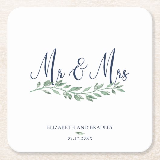 Navy Blue Script MR und MRS Greenery Wedding Rechteckiger Pappuntersetzer (Vorderseite)