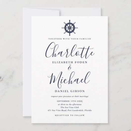 Navy Blue Script Nautical Ship Wheel Foto Hochzeit Einladung (Vorderseite)