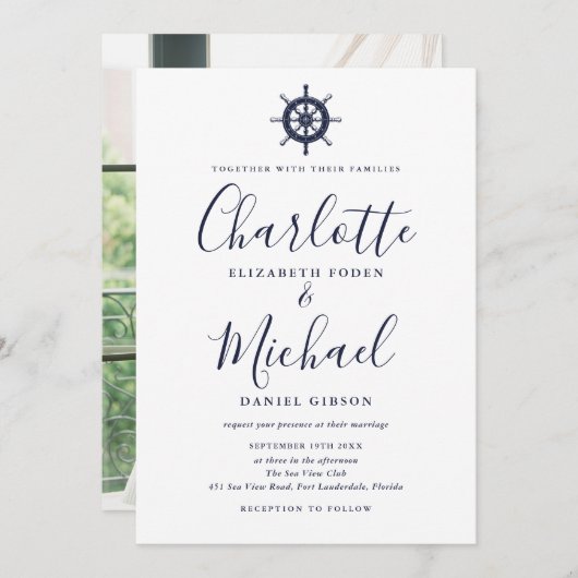 Navy Blue Script Nautical Ship Wheel Foto Hochzeit Einladung (Vorne/Hinten)