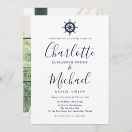 Navy Blue Script Nautical Ship Wheel Foto Hochzeit Einladung