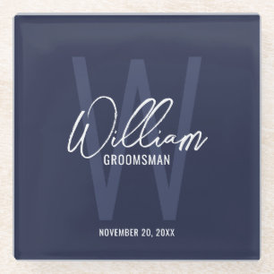 Navy Blue Script Personalisiert Trauzeuge Name Glasuntersetzer