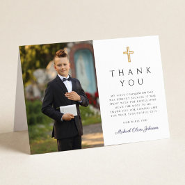 Navy Blue Script Photo Boy First Communion Folded Dankeskarte