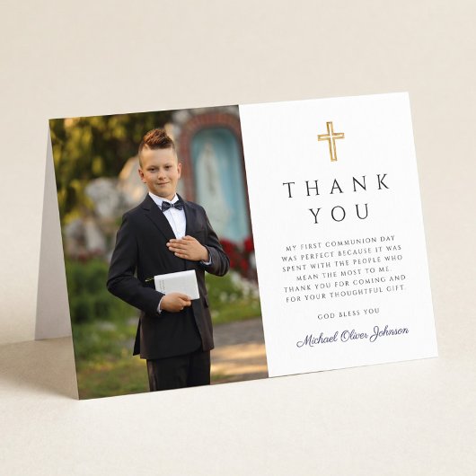 Navy Blue Script Photo Boy First Communion Folded Dankeskarte