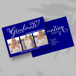 Navy Blue Script Photo Collage Graduation Card Einladung