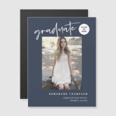 Navy Blue Script School Graduate Foto Magnet (Vorne/Hinten)