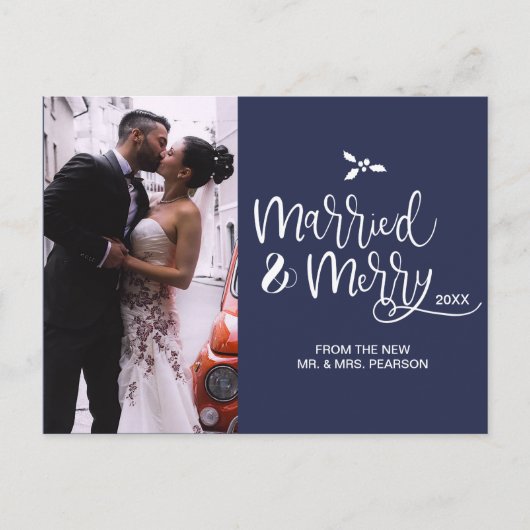 Navy Blue Script Verheiratet und Frohe Weihnachten (Vorderseite)