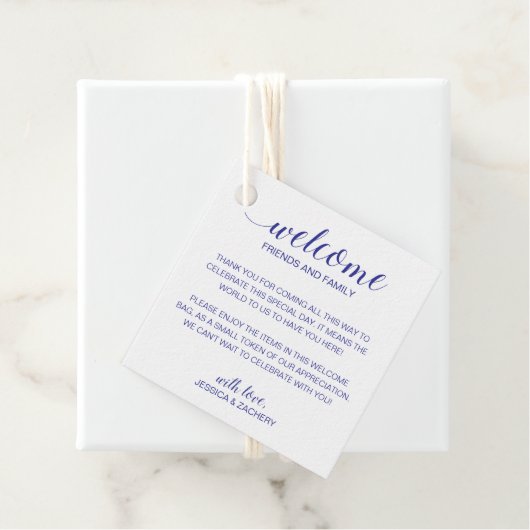 Navy Blue Script Wedding Welcome Gift Bag Basket Geschenkanhänger (Beispiel)