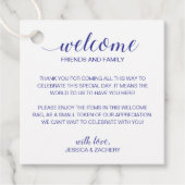 Navy Blue Script Wedding Welcome Gift Bag Basket Geschenkanhänger (Vorderseite)
