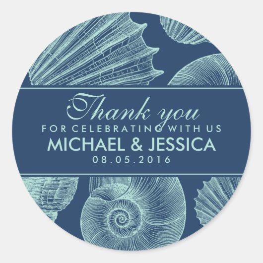 Navy Blue Seashell Wedding Vielen Dank, Ihr Sticke Runder Aufkleber (Vorderseite)