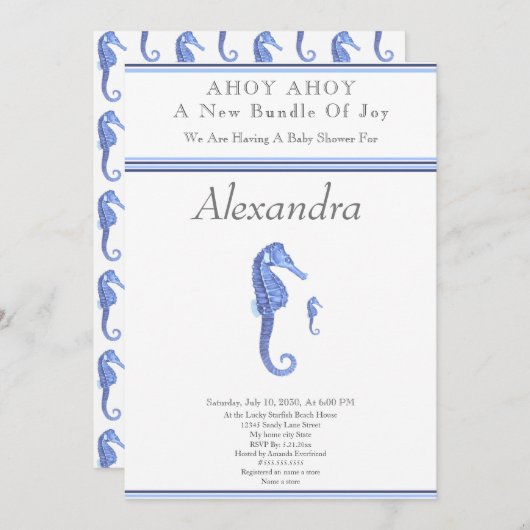 Navy Blue Seepferd Ahoy ist eine Baby-Dusche (Vorne/Hinten)