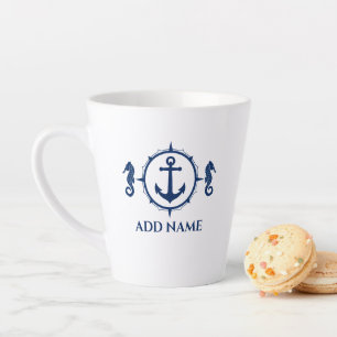 Navy Blue Seepferd & Anker Ihr Name 2 Seite Milchtasse