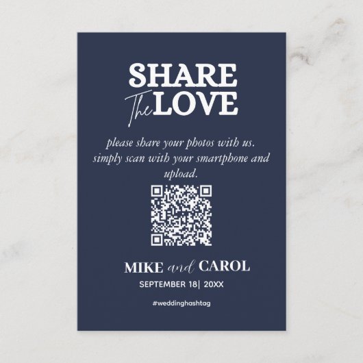 Navy Blue Share Liebe Foto QR Code Hochzeit Begleitkarte (Vorderseite)