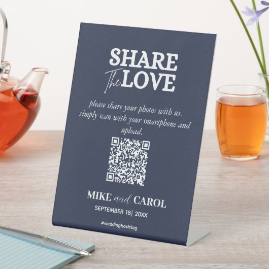 Navy Blue Share Liebe Foto QR Code Hochzeit Sockelschild (In Situ)