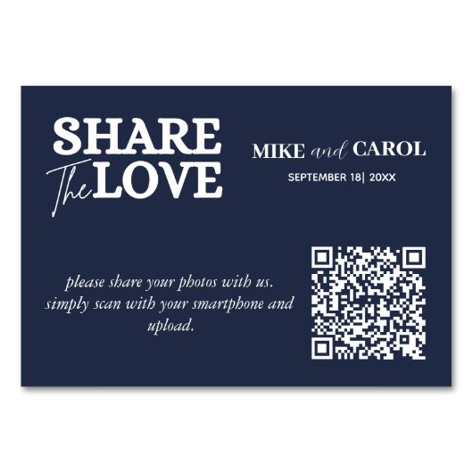 Navy Blue Share Liebe Foto QR Code Hochzeit Tischnummer (Vorderseite)