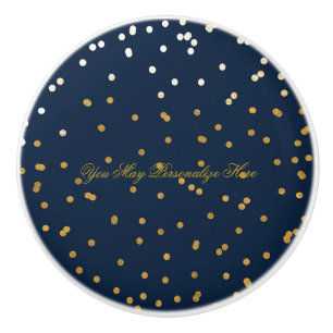 Navy Blue & Shiny Gold Imitate Foil Confetti Dots Keramikknauf
