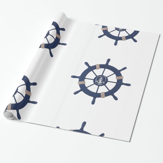 Navy Blue Ship Wheel Nautical Geschenkpapier (Ungerollt)