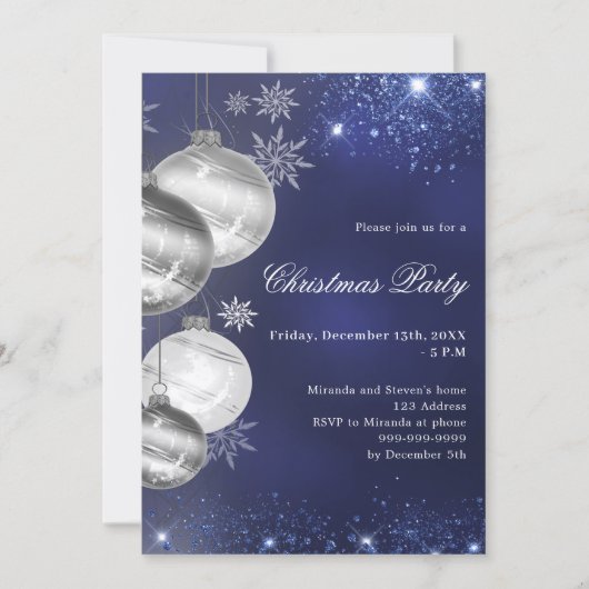 Navy Blue silber Baubles Weihnachtsfest Party Einladung (Vorderseite)