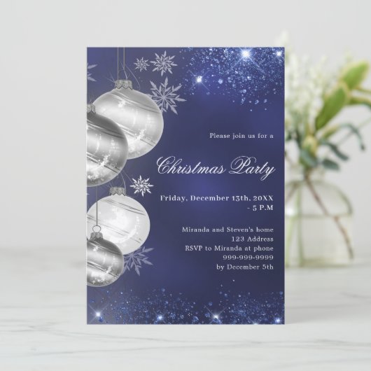 Navy Blue silber Baubles Weihnachtsfest Party Einladung (Stehend Vorderseite)