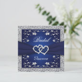 Navy Blue, Silberfloral, Hearts-Brautparty Einladung (Stehend Vorderseite)