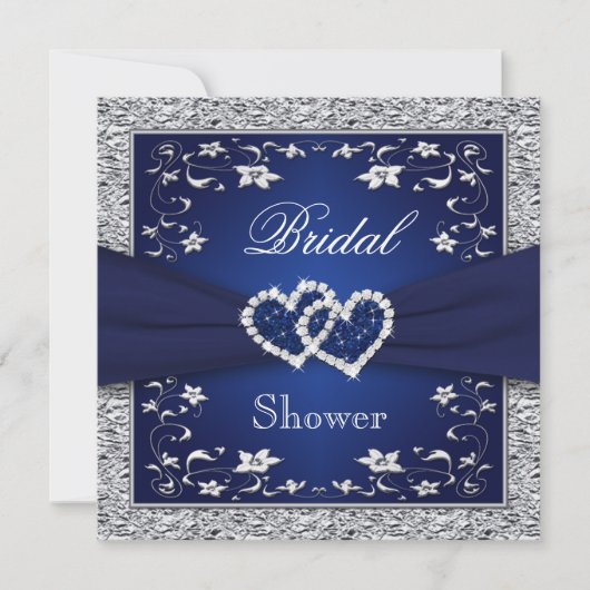 Navy Blue, Silberfloral, Hearts-Brautparty Einladung (Vorderseite)