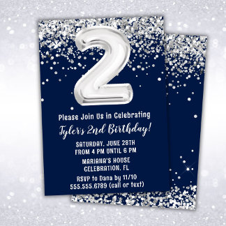 Navy Blue Silver 2. Geburtstag Party Einladung