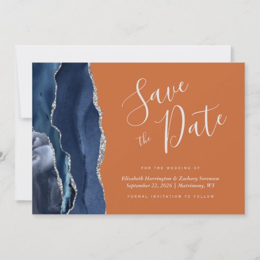 Navy Blue Silver Agate Burnt Orange Save the Date Einladung (Vorderseite)