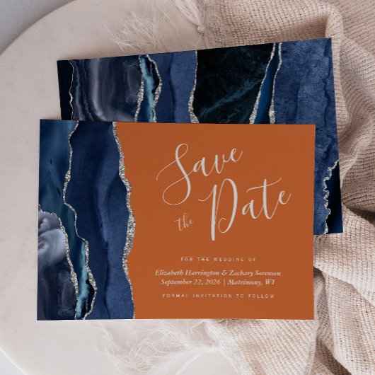 Navy Blue Silver Agate Burnt Orange Save the Date Einladung