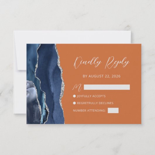 Navy Blue Silver Agate Burnt Orange Script RSVP Karte (Vorderseite)