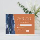 Navy Blue Silver Agate Burnt Orange Script RSVP Karte (Stehend Vorderseite)