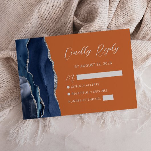 Navy Blue Silver Agate Burnt Orange Script RSVP Karte