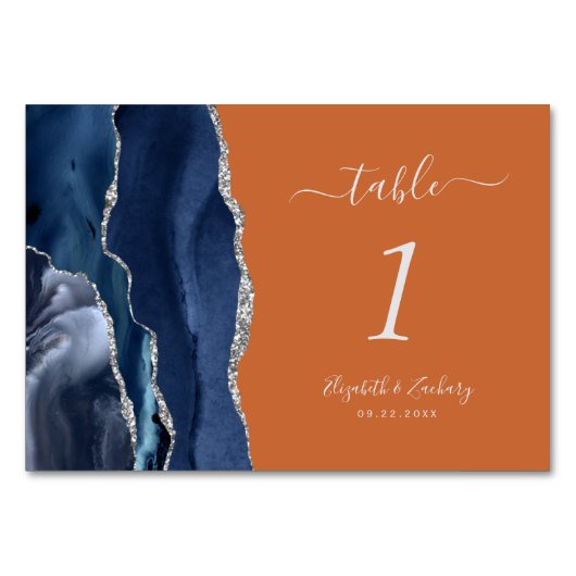 Navy Blue Silver Agate Burnt Orange Wedding Tischnummer (Vorderseite)