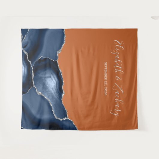 Navy Blue Silver Agate Burnt Orange Wedding Wandteppich (Vorderseite (Horizontal))
