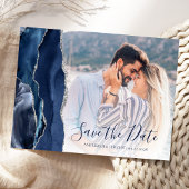 Navy Blue Silver Agate Custom Foto Save the Date Postkarte
