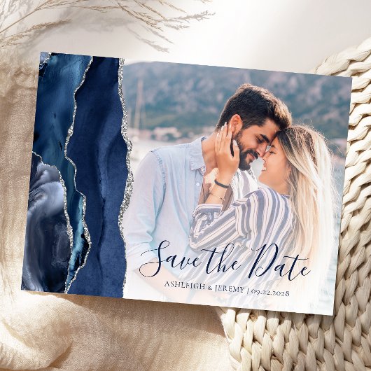 Navy Blue Silver Agate Custom Foto Save the Date Postkarte