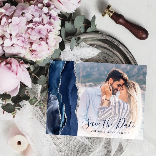 Navy Blue Silver Agate Custom Foto Save the Date Postkarte