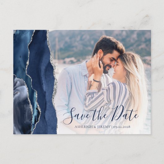 Navy Blue Silver Agate Custom Foto Save the Date Postkarte (Vorderseite)