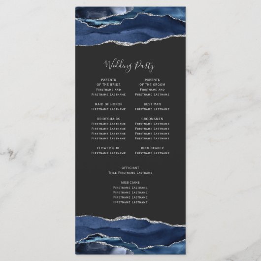 Navy Blue Silver Agate Dark Wedding Programm (Rückseite)