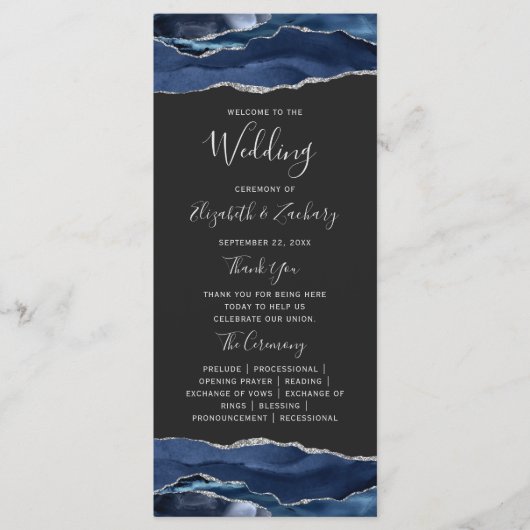 Navy Blue Silver Agate Dark Wedding Programm (Vorderseite)