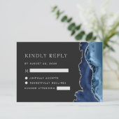 Navy Blue Silver Agate Dark Wedding RSVP Karte (Stehend Vorderseite)