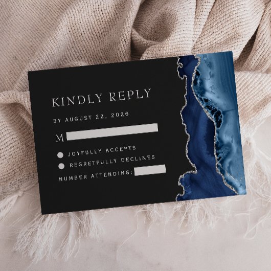 Navy Blue Silver Agate Dark Wedding RSVP Karte