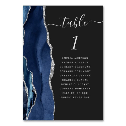 Navy Blue Silver Agate Dark Wedding Tischnummer (Rückseite)