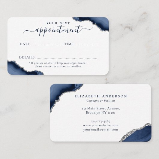 Navy Blue Silver Agate Glitzer Sparkasse Business Terminkarte (Vorne/Hinten)