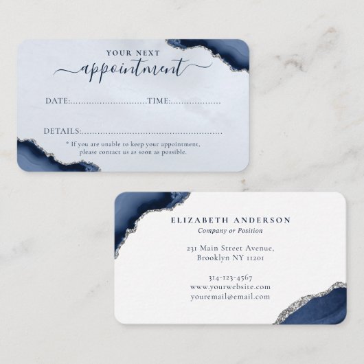 Navy Blue Silver Agate Glitzer Sparkasse Business Terminkarte (Vorne/Hinten)