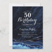 Navy Blue Silver Agate Marble 50. Geburtstag Einladung (Vorderseite)