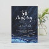 Navy Blue Silver Agate Marble 50. Geburtstag Einladung (Stehend Vorderseite)