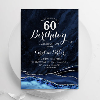 Navy Blue Silver Agate Marble 60. Geburtstag Einladung