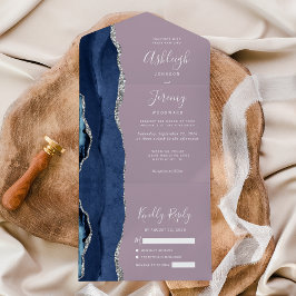 Navy Blue Silver Agate Mauve Wedding All In One Einladung