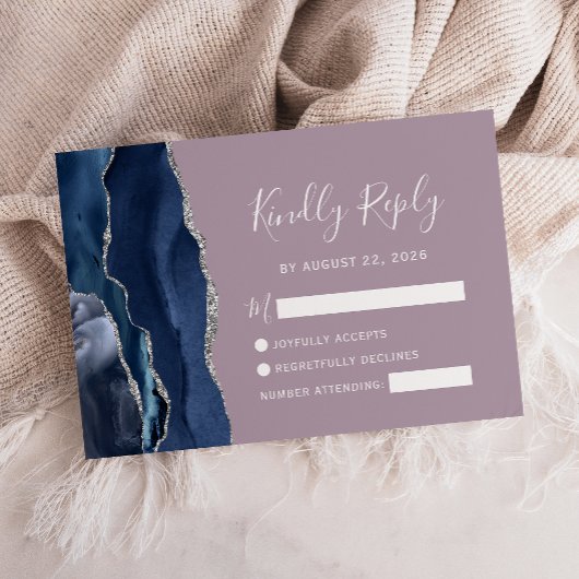 Navy Blue Silver Agate Mauve Wedding RSVP Card
