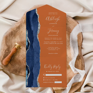 Navy Blue Silver Agate Orange Wedding All In One Einladung