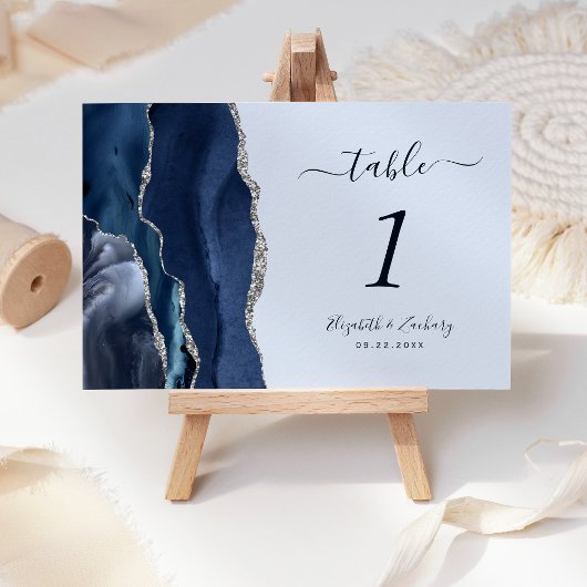 Navy Blue Silver Agate Pastel Wedding Tischnummer